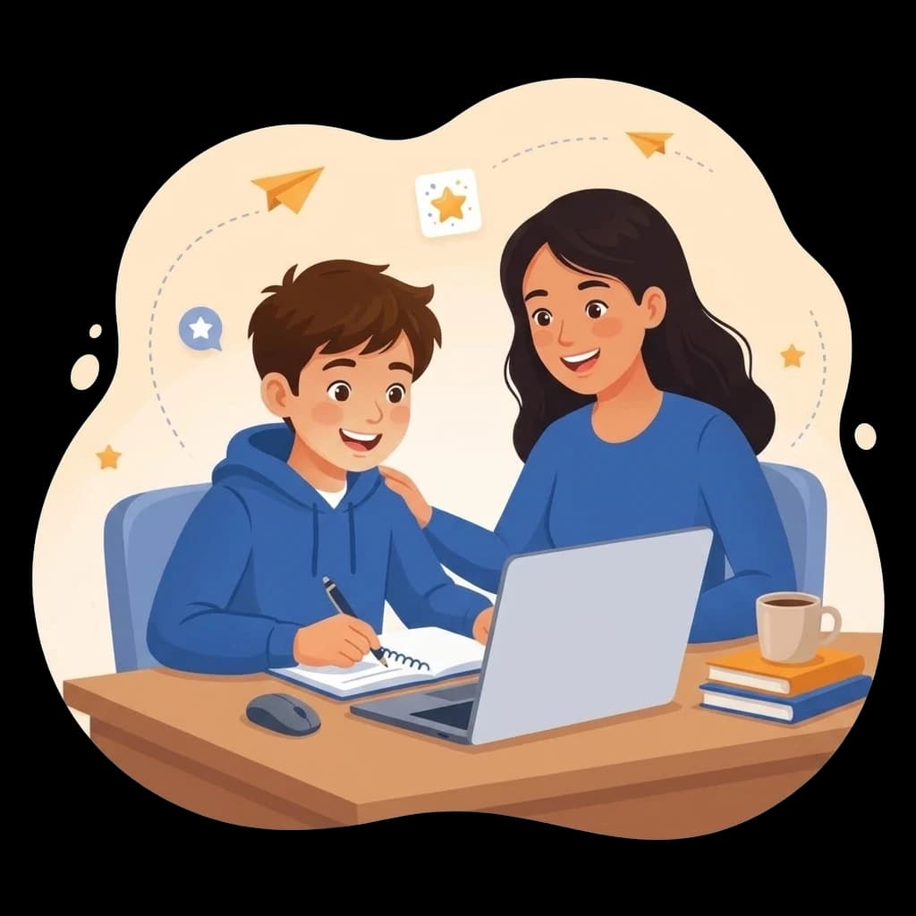 Părinte care își încurajează copilul la teme, la laptop, cu Școala Virtuală