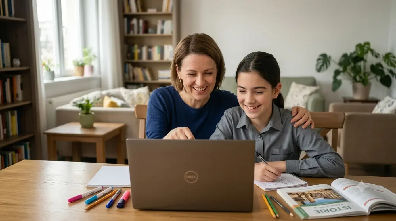 Mamă și copil studiind online la Școala Virtuală